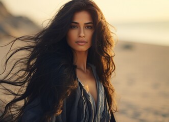 Woman standing on beach by ocean.