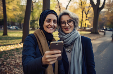Smiling women taking selfies in a sunlit park.