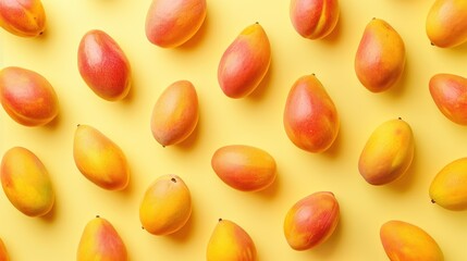 a group of peaches on a yellow background with a yellow background and a few peaches in the middle. - obrazy, fototapety, plakaty