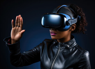 Young african american woman experiencing virtual reality against dark background.