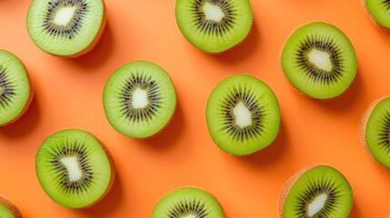 Fototapeta premium a group of kiwis sitting on top of an orange surface with one kiwi cut in half and one kiwi sliced in half.