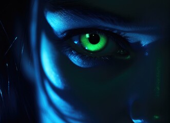 Close up portrait of person with green eyes.