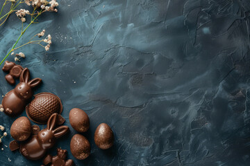 Chocolate Easter eggs, bunny and sweets on a dark blue background, copyspace - obrazy, fototapety, plakaty