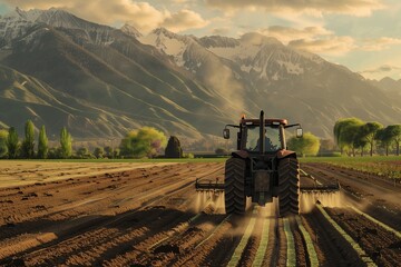 A tractor equipped with precision agriculture technology planting seeds in perfectly aligned rows,...