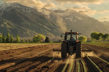 Foto op Canvas A tractor equipped with precision agriculture technology planting seeds in perfectly aligned rows, on a farm practicing water conservation, celebrating Earth Day © Abdul