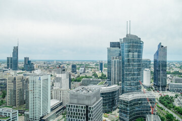 Majestic aerial view of Warsaw's modern architecture. May 27, 2022. Warsaw, Poland.
