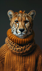 Fashionable Cheetah in Knit Hat and Sweater, Surreal Animal Portrait