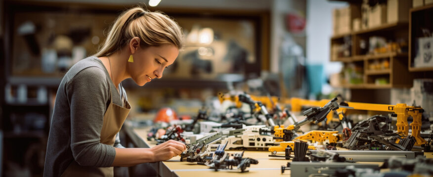 Woman Building Lego Set in Hobby Store