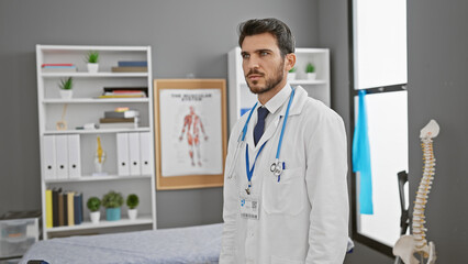 Young hispanic man in medical lab coat standing confidently in a clinic office, conveying a...