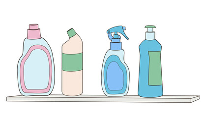 plastic bottles with detergents on the shelf