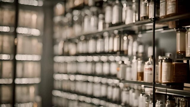 Vintage Medical Apothecary Shelves Stocked With Jars and Bottles Generative AI