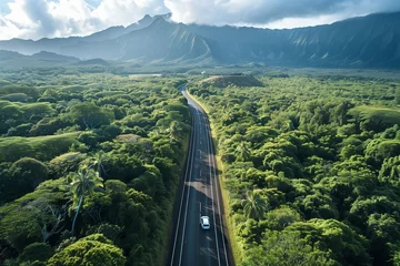 Deurstickers Aerial view of a car traveling on a road surrounded by vast forests and mountains, illustrating the journey towards a greener future this Earth Day. © Abdul