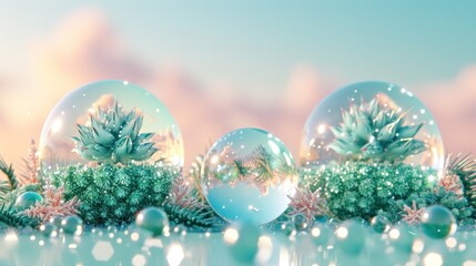 a group of snow globes sitting on top of a snow covered ground next to a snow covered pine tree. - obrazy, fototapety, plakaty
