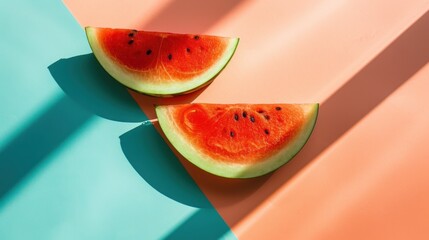 a couple of slices of watermelon sitting on top of a blue and orange counter top next to each other. - obrazy, fototapety, plakaty