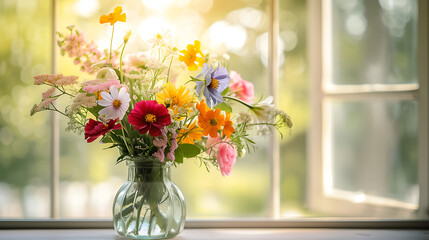 Um arranjo de flores coloridas em vaso de cerâmica rústico capturado em closeup com luz natural suave