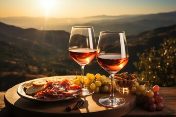 Mountain picnic with glasses of orange wine, prosciutto, jamon on the table against scenic backdrop