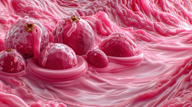 a group of pink balls floating on top of a wave of pink liquid on top of a bed of pink foam.