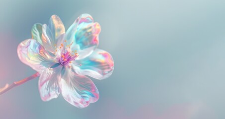 Digital art of a delicate holographic flower with iridescent petals blossoming in a surreal, soft-focus dreamscape. Place for text