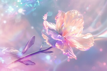 Fototapeta na wymiar Digital art of a delicate holographic flower with iridescent petals blossoming in a surreal, soft-focus dreamscape.