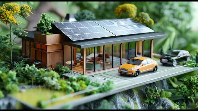 House model with solar panels. 3-dimensional animation and rendering of solar energy and sustainability and renewability