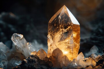 Detailed macro shot of a radiant clear quartz crystal highlighting its clarity and intricate natural facets against a dark background.