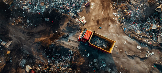 An aerial view captures a trash truck soaring through piles of debris