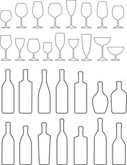 Set with alcohol bottles and glasses line icons. Black outline vector silhouette with wine, cognac, champagne, beer. Alcohol linear collection elements monochrome isolated on transparent background.