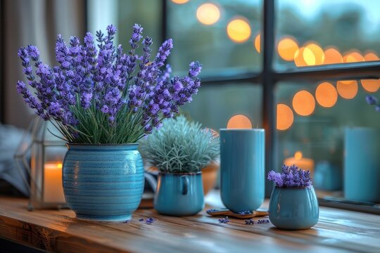 Cozy indoor setting featuring a potted lavender plant on a windowsill, accompanied by candles and soft lighting, creating a tranquil ambiance.