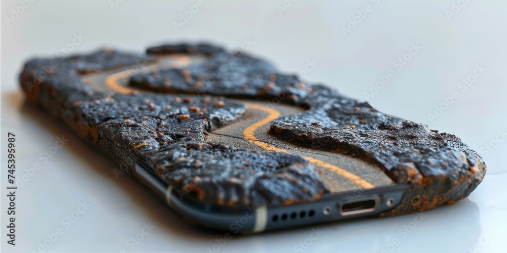 Poster A Cutting-Edge Smartphone Design with a Winding Road Display, Emphasizing the Versatility of Modern Technology, Generative AI