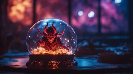 Fotobehang highly intricately photograph of  Scary portrait of a dragon devil figure in hell background inside a glass orb  © Jared