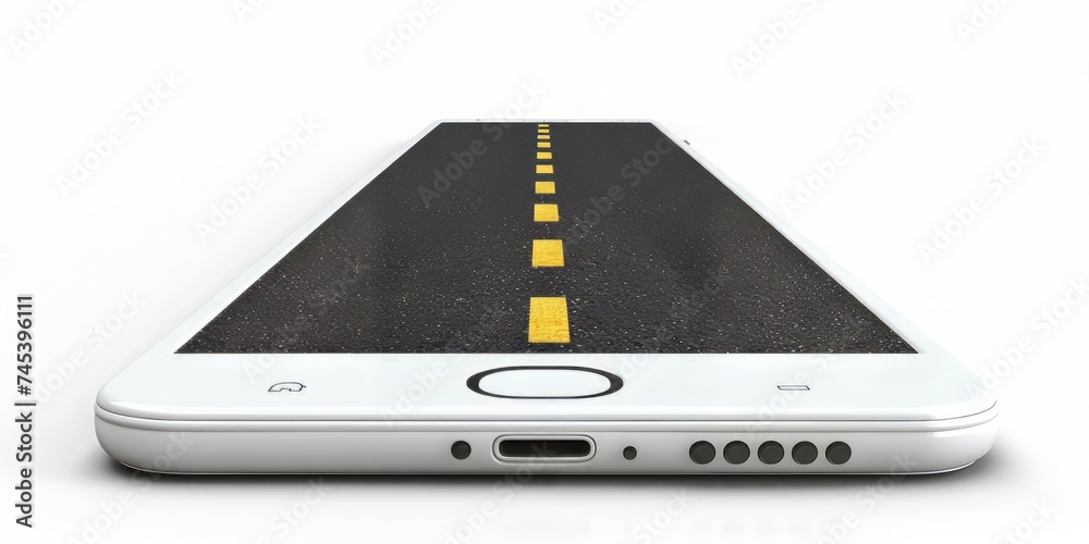 Poster A Cutting-Edge Smartphone Design with a Winding Road Display, Emphasizing the Versatility of Modern Technology, Generative AI