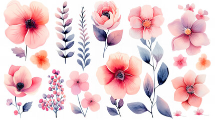 Beautiful romantic flower stickers collection - obrazy, fototapety, plakaty