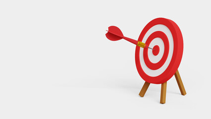 Marketing target strategy. Leadership or skill to reach target or achievement. Aiming for perfection winning, challenge or accuracy concept. Dartboard with arrow in the center. 3d illustration