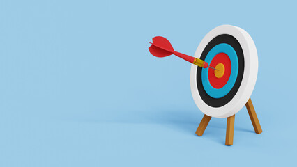 Business objective, purpose or target, goal and resolution to aim for success. Aspiration and motivation to achieve goal concept. Archery target with arrow in the center. 3d illustration