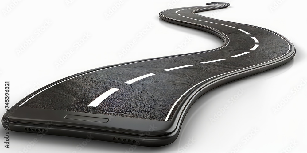 Poster A Cutting-Edge Smartphone Design with a Winding Road Display, Emphasizing the Versatility of Modern Technology, Generative AI