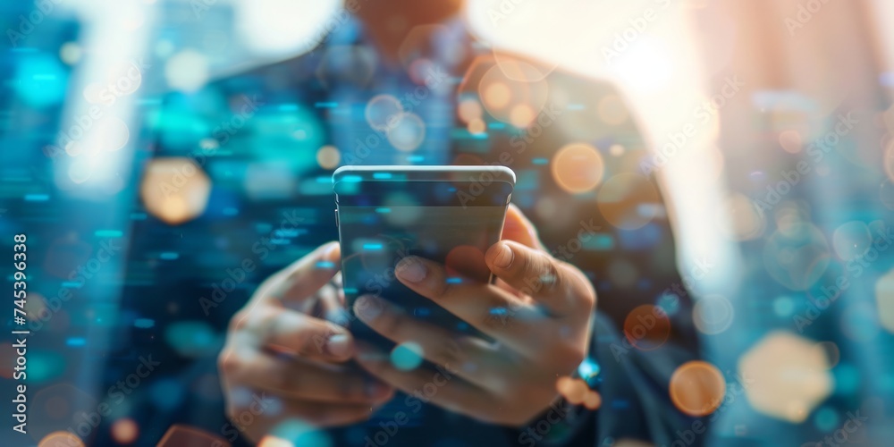 Poster a business professional navigating the connected world through the smartphone in the heart of the ci