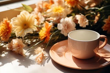 Obraz na płótnie Canvas Feminine morning aesthetic. floral shadows, sunlight, and coffee on peach table background