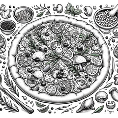 Pizza with mozzarella, basil and olives. Italian cuisine. Hand drawn vector illustration.