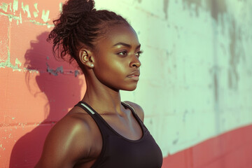 Fototapeta premium Portrait of african american woman in black sportswear standing. confident African Female Athlete. A shot of a happy black female athlete in a gym. Confident African American Female Athlete in Black.