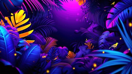 Fototapeta na wymiar a purple and blue tropical scene with palm leaves and a bright purple light in the middle of the night sky.