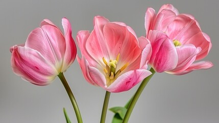 three pink tulips in a glass vase on a gray background with a light reflection on the bottom of the vase.