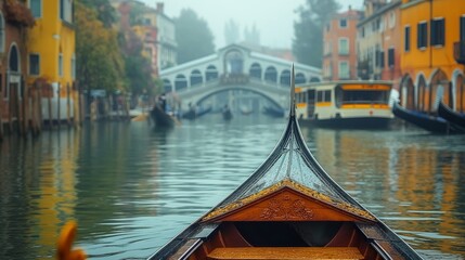 Gondola in Venice, Italy during a foggy day. - obrazy, fototapety, plakaty