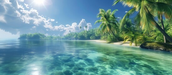 Fototapeta na wymiar A tropical beach with lush palm trees swaying in the breeze, crystal clear water reflecting the bright blue sky, creating a serene and stunning scene.