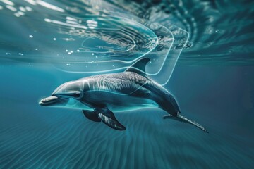 An underwater shot of a dolphin mid-echolocation, with visible sound waves creating patterns in the sunlit water, highlighting the marine mammal's grace and intelligence.