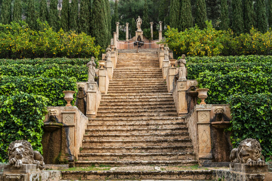 Raixa, public property, monumental staircase and temple of Apollo, municipality of Bunyola, Majorca, Balearic Islands, Spain