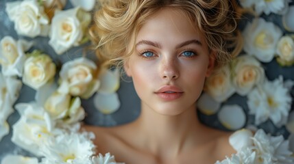 Naklejka premium Beautiful young woman with flowers in spa salon. Beauty treatment concept
