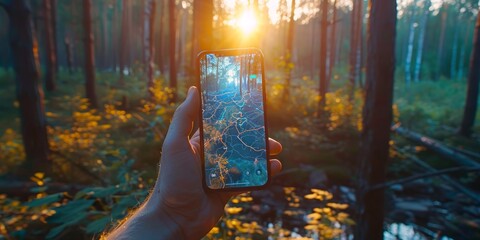  Navigating a Forest Trail with GPS on a Smartphone, Merging Technology with the Spirit of Adventure, Generative AI