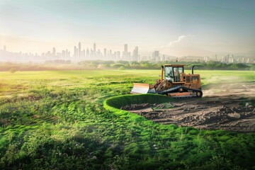 An autonomous, low-emission bulldozer shaping a green belt around an urban area on Earth Day.