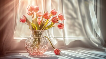 a vase filled with pink tulips sitting on a window sill next to a pair of white curtains.