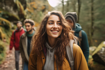 Fototapeta premium A group of teenagers hiking and enjoying nature, a group of young friends exploring the great outdoors in the mountains, embracing an active lifestyle in nature.